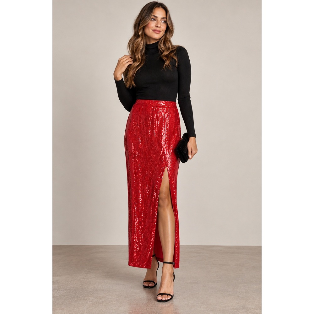 Red Sequin Maxi Skirt High Waist Stretch Holiday Christmas Party a.new day S